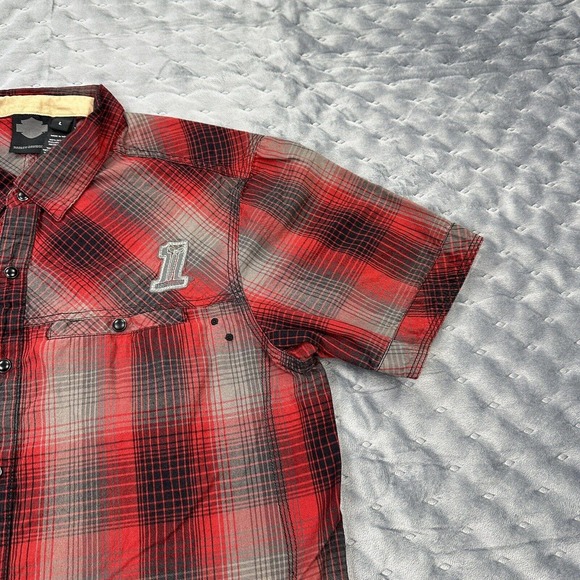 Harley Davidson Shirt Men Large Gray Red Buffalo Plaid Flannel Short Sleeve Logo - Picture 4 of 10